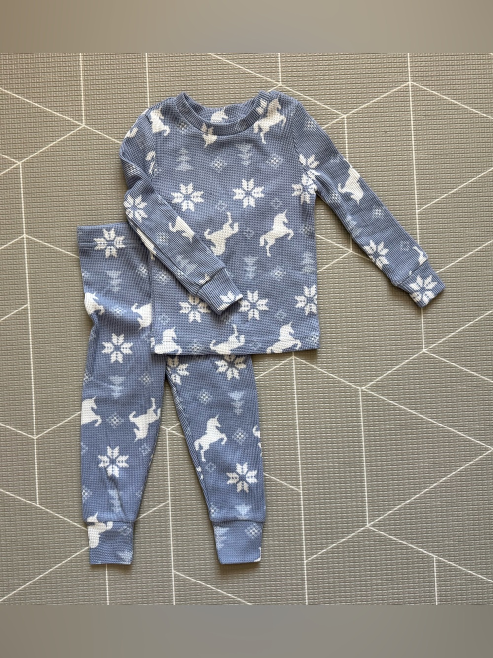 Saint eve|Baby girl/toddler matching pajamas,Blue Unicorn waffle knit set•••2T